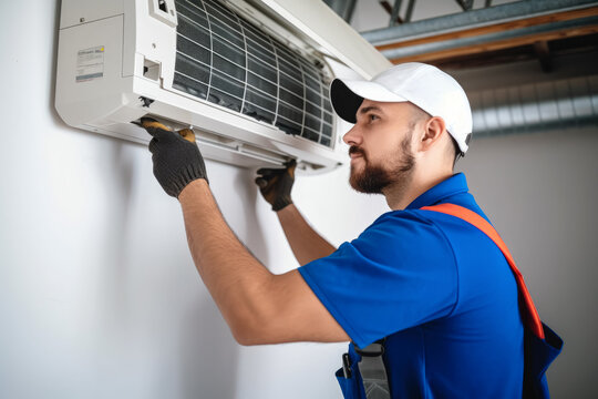 HVAC technician installing a mini split air conditioner in Goleta