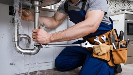 Plumber repairing pipes beneath a sink in Goleta